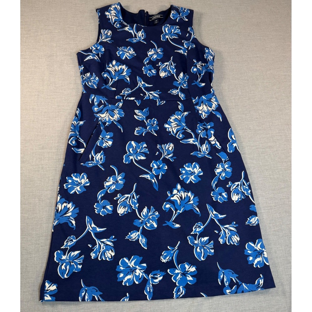 Lands End Womens 14 Floral Sheath Dress Navy Blue Sleeveless Pockets Ponte Knit
